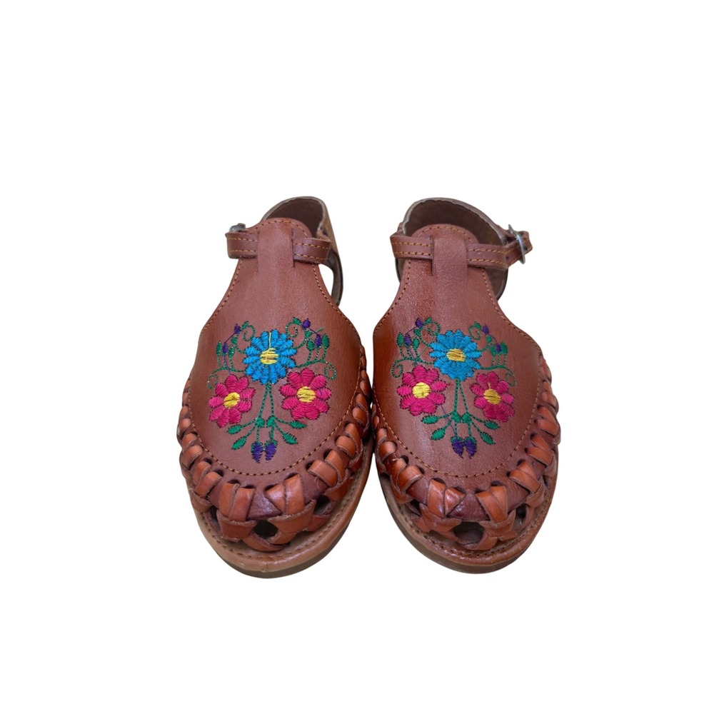 Huaraches Tonita Mexican Leather Floral Embroidered Sandals Brown Womens Size 5